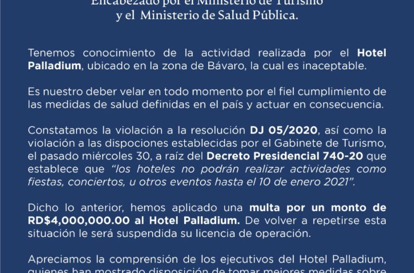  Resaltan Multa Cuatro Millones Pesos Hotel Punta Cana Violó Protocolo Covi-19